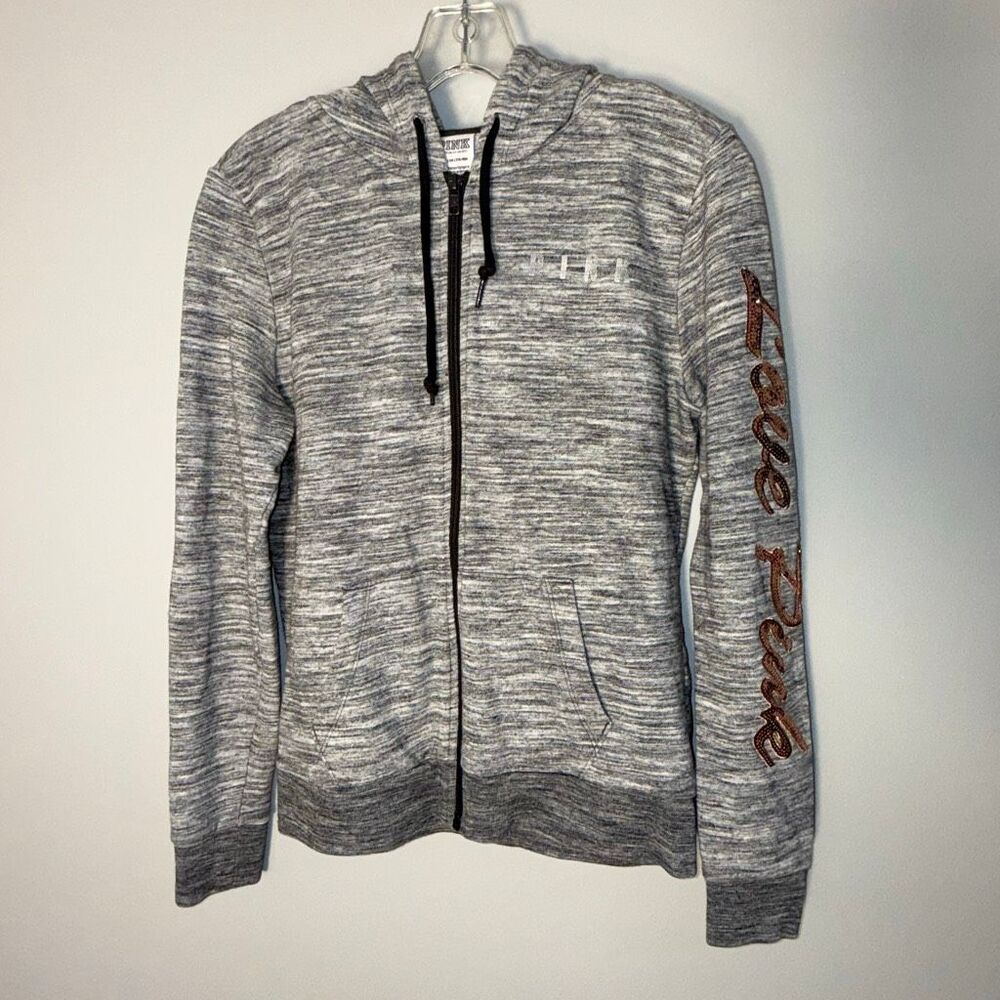 PINK Victoria’s Secret Sequin Star Zip Hoodie Women’s Small Gray Marled Full Zip